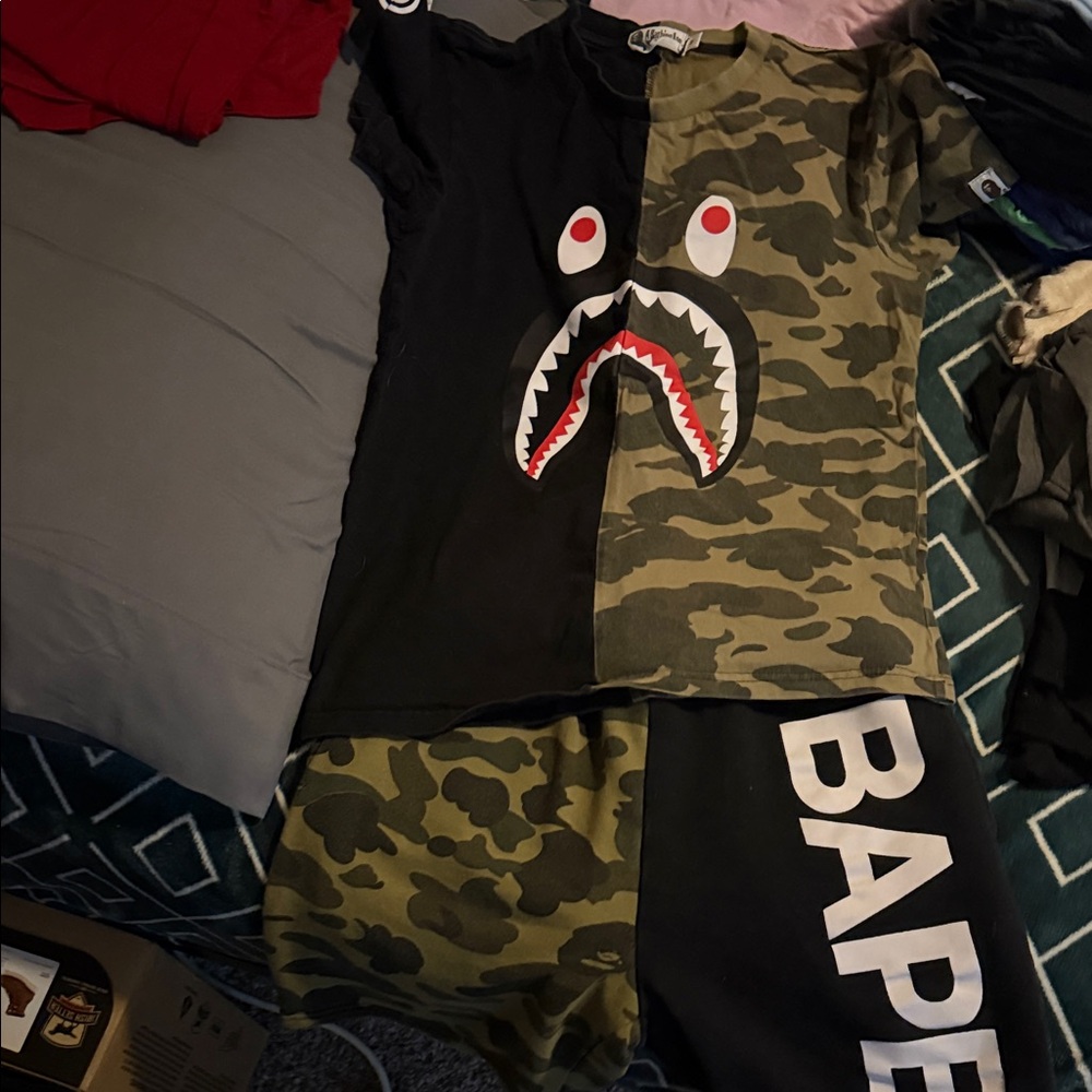 Bape Black and Green Shark Camo Set